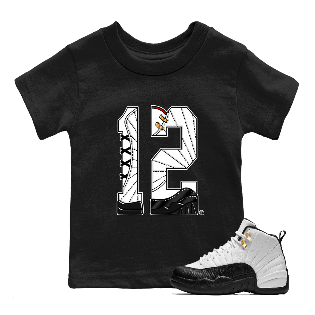12s Taxi Sneaker match tees – Sneaker Tees To Match Air Jordan 12 Taxi Shoes – Number 12 Kids T-Shirt Black 1