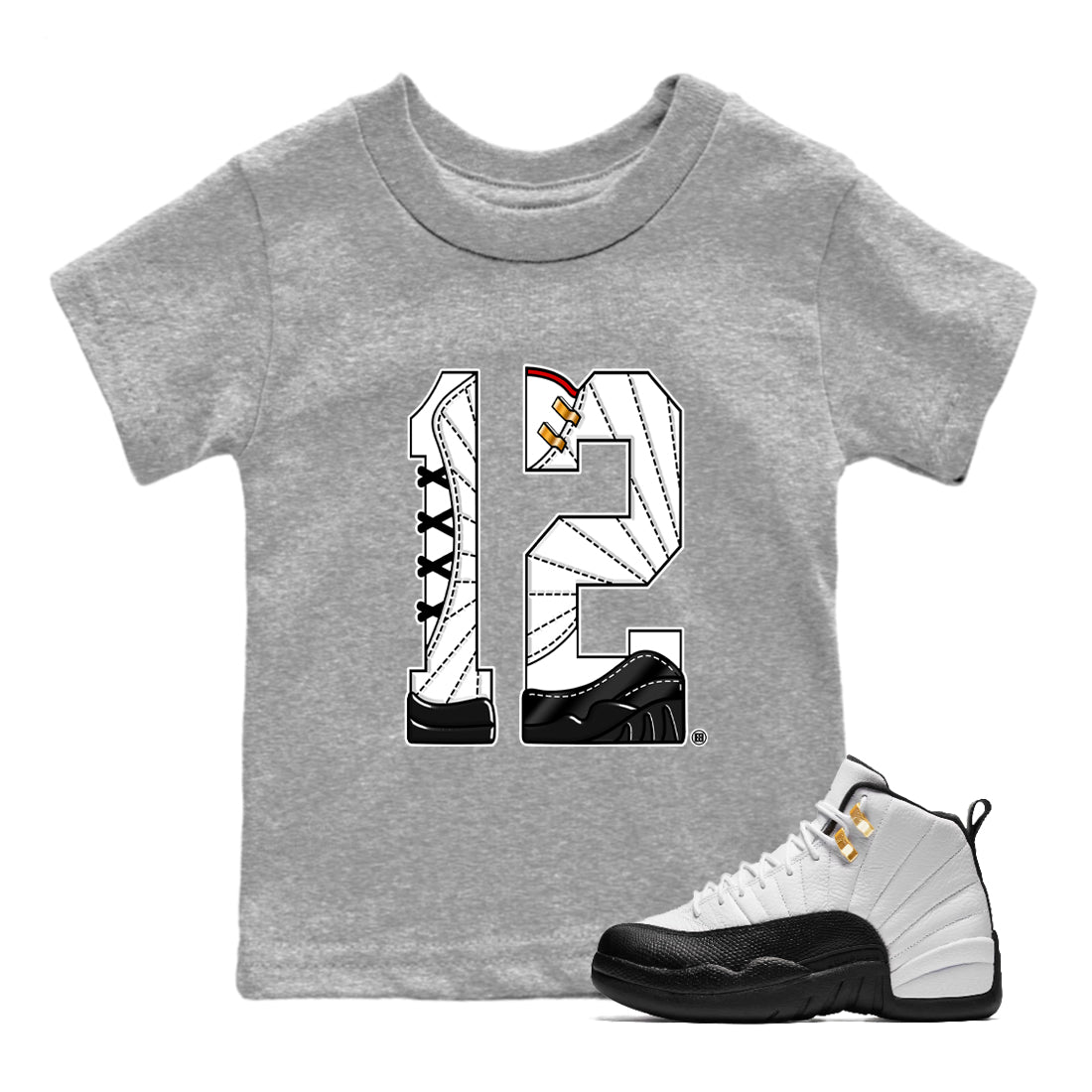 12s Taxi Sneaker match tees – Sneaker Tees To Match Air Jordan 12 Taxi Shoes – Number 12 Kids T-Shirt Heather Grey 1