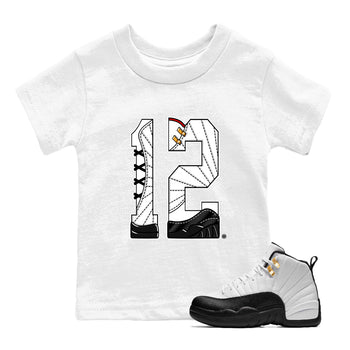 12s Taxi Sneaker match tees – Sneaker Tees To Match Air Jordan 12 Taxi Shoes – Number 12 Kids T-Shirt White 1