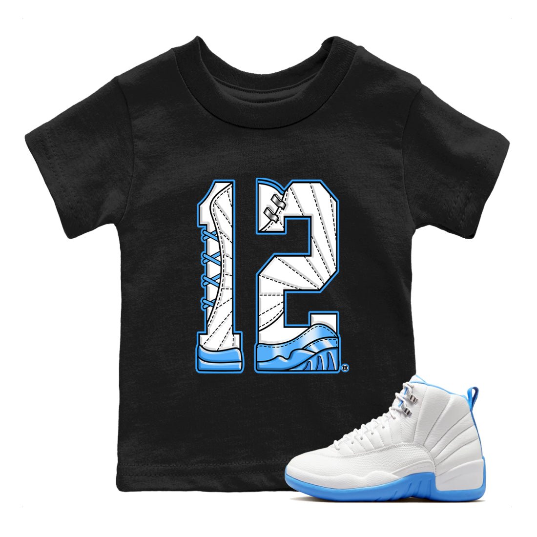 Number 12 baby and kids t-shirt crafted for little sneakerheads to shine with the Air Jordan 12 White and University Blue sneakers, displayed in Black 1.