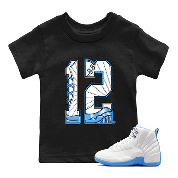 Number 12 baby and kids t-shirt crafted for little sneakerheads to shine with the Air Jordan 12 White and University Blue sneakers, displayed in Black 1.