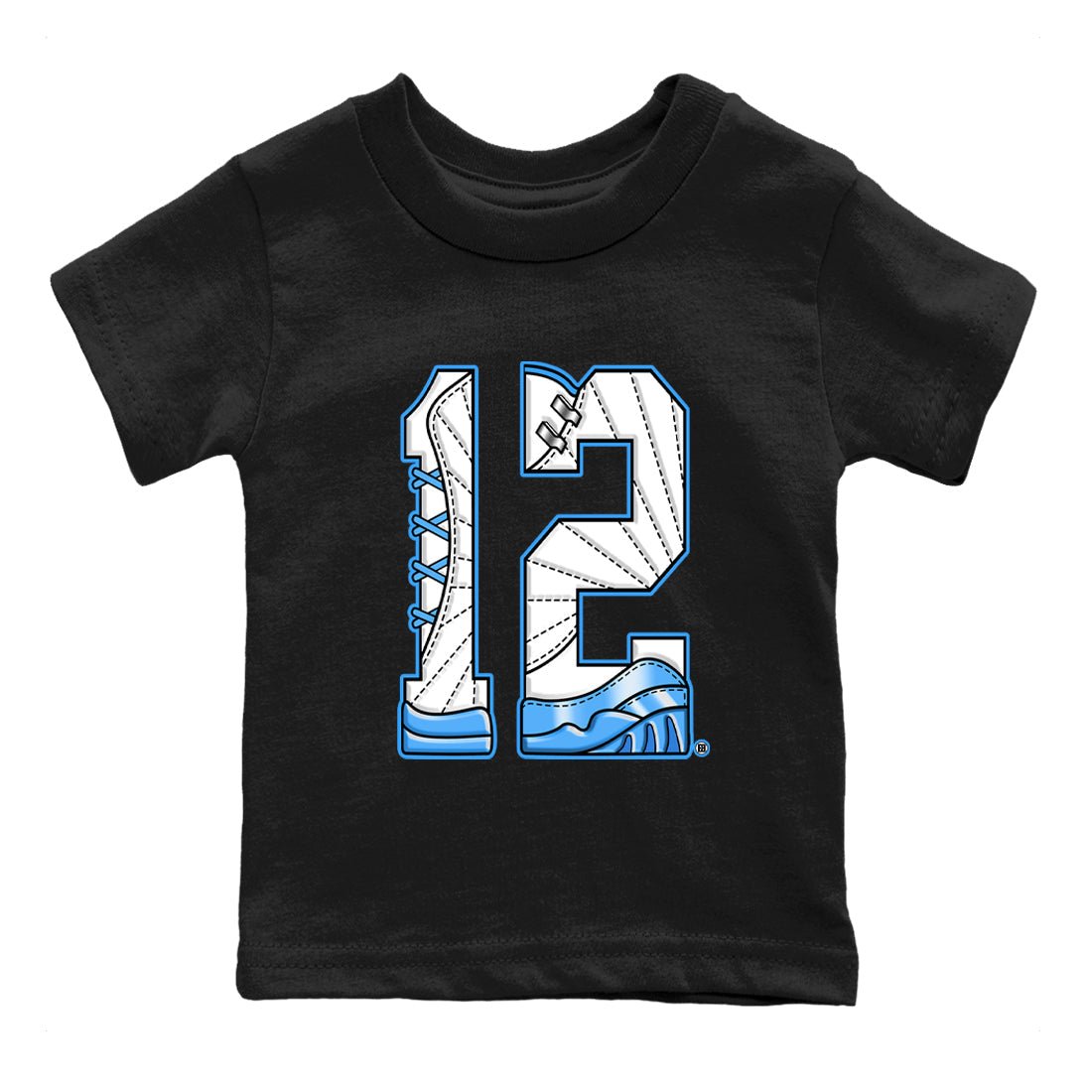 Number 12 baby and kids t-shirt crafted for little sneakerheads to shine with the Air Jordan 12 White and University Blue sneakers, displayed in Black 2.