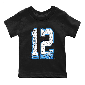 Number 12 baby and kids t-shirt crafted for little sneakerheads to shine with the Air Jordan 12 White and University Blue sneakers, displayed in Black 2.