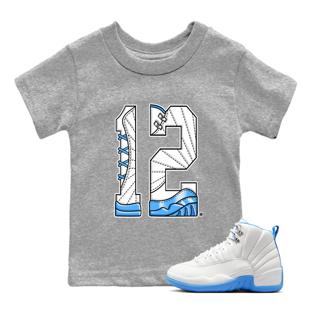Number 12 baby and kids t-shirt crafted for little sneakerheads to shine with the Air Jordan 12 White and University Blue sneakers, displayed in Heather Grey 1.