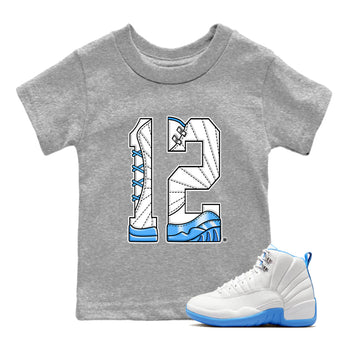 Number 12 baby and kids t-shirt crafted for little sneakerheads to shine with the Air Jordan 12 White and University Blue sneakers, displayed in Heather Grey 1.