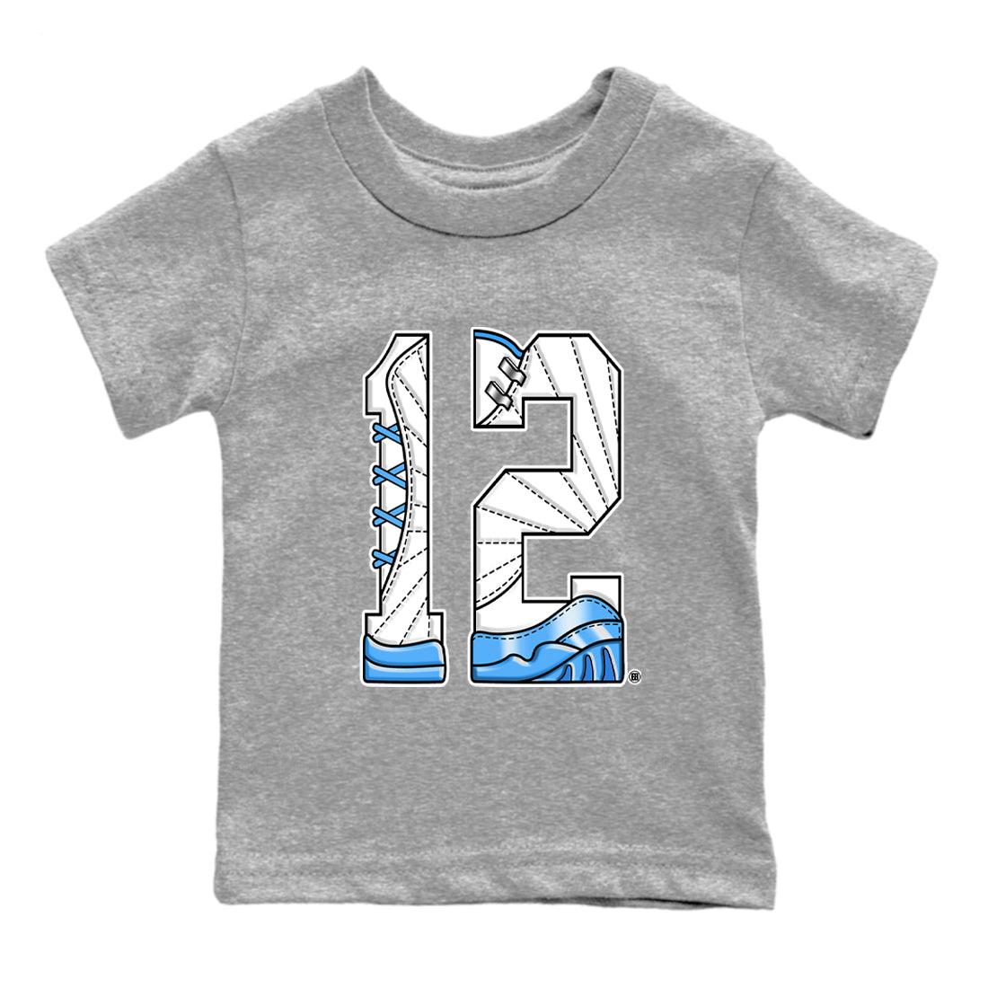 Number 12 baby and kids t-shirt crafted for little sneakerheads to shine with the Air Jordan 12 White and University Blue sneakers, displayed in Heather Grey 2.