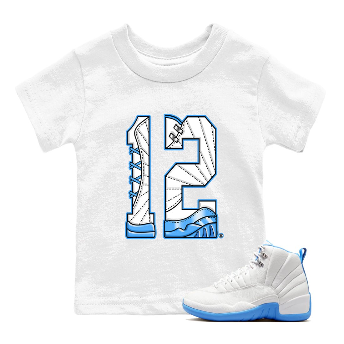 Number 12 baby and kids t-shirt crafted for little sneakerheads to shine with the Air Jordan 12 White and University Blue sneakers, displayed in White 1.
