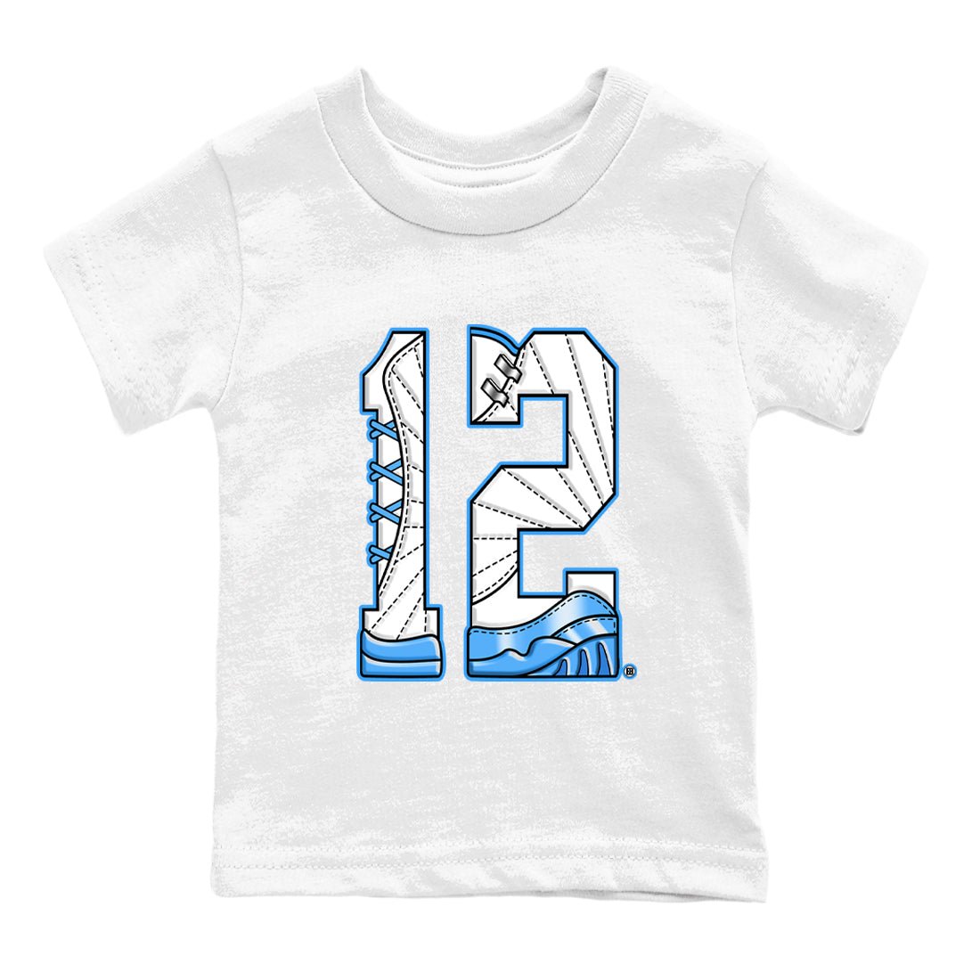 Number 12 baby and kids t-shirt crafted for little sneakerheads to shine with the Air Jordan 12 White and University Blue sneakers, displayed in White 2.