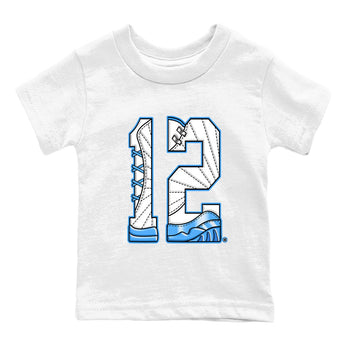 Number 12 baby and kids t-shirt crafted for little sneakerheads to shine with the Air Jordan 12 White and University Blue sneakers, displayed in White 2.