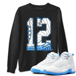 Number 12 sneaker match t-shirt styled to complete your fit with the Air Jordan 12 White and University Blue sneakers, shown in Black 1.