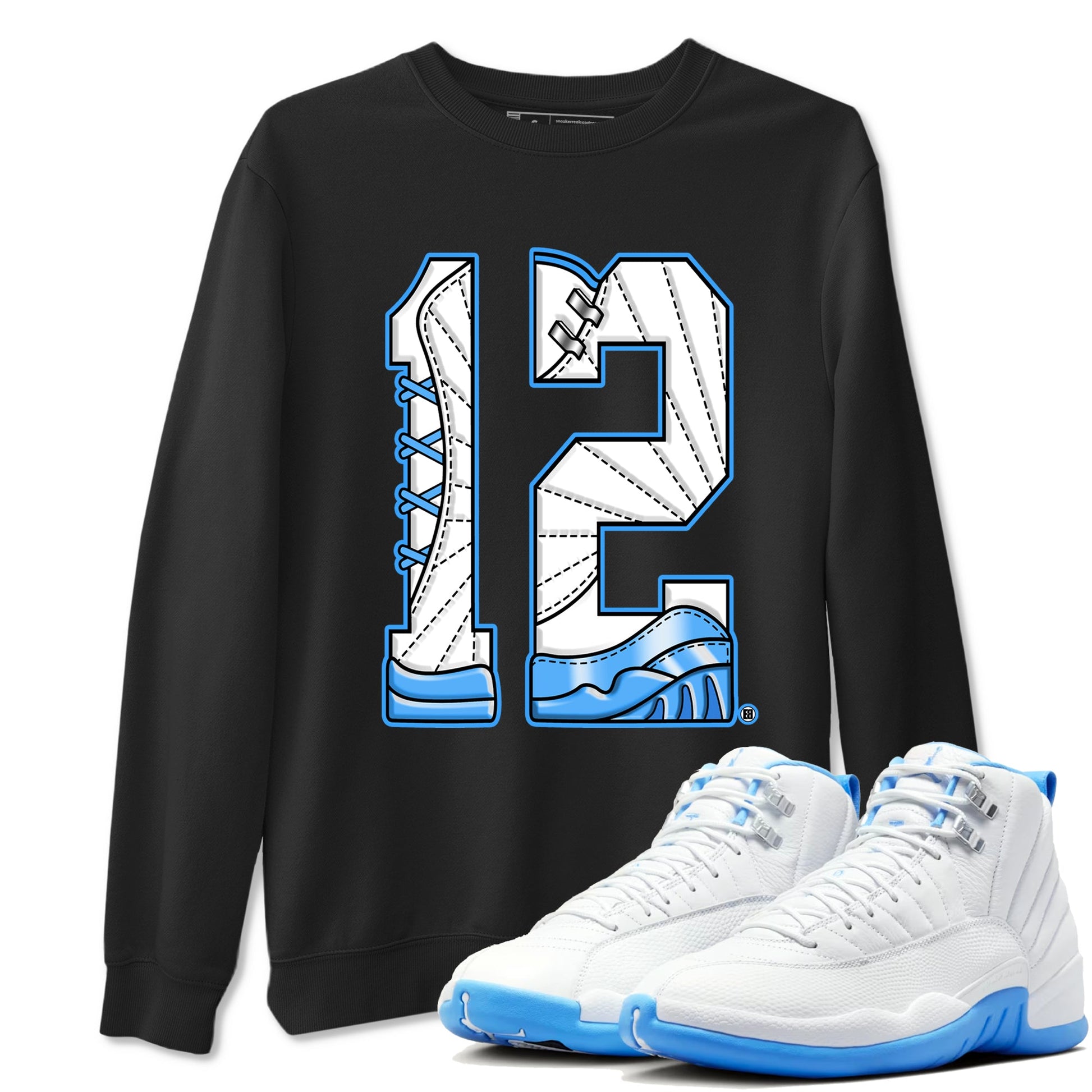 Number 12 sneaker match t-shirt styled to complete your fit with the Air Jordan 12 White and University Blue sneakers, shown in Black 1.