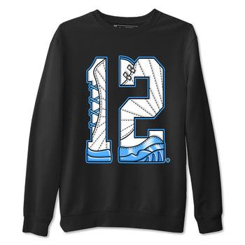 Number 12 sneaker match t-shirt styled to complete your fit with the Air Jordan 12 White and University Blue sneakers, shown in Black 2.
