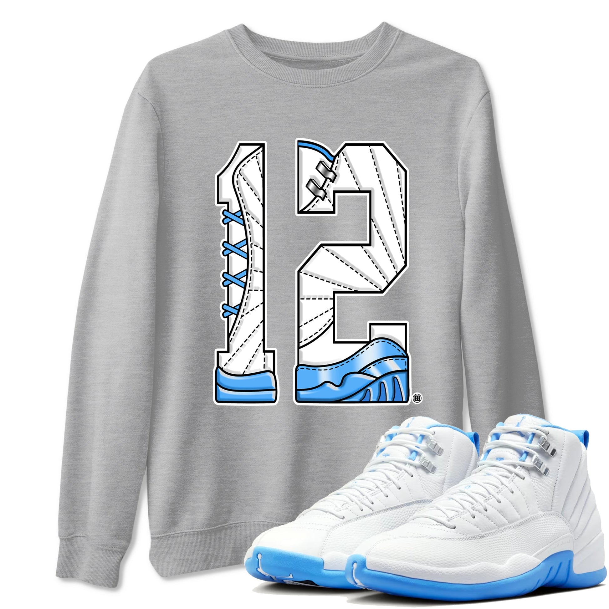 Number 12 sneaker match t-shirt styled to complete your fit with the Air Jordan 12 White and University Blue sneakers, shown in Heather Grey 1.