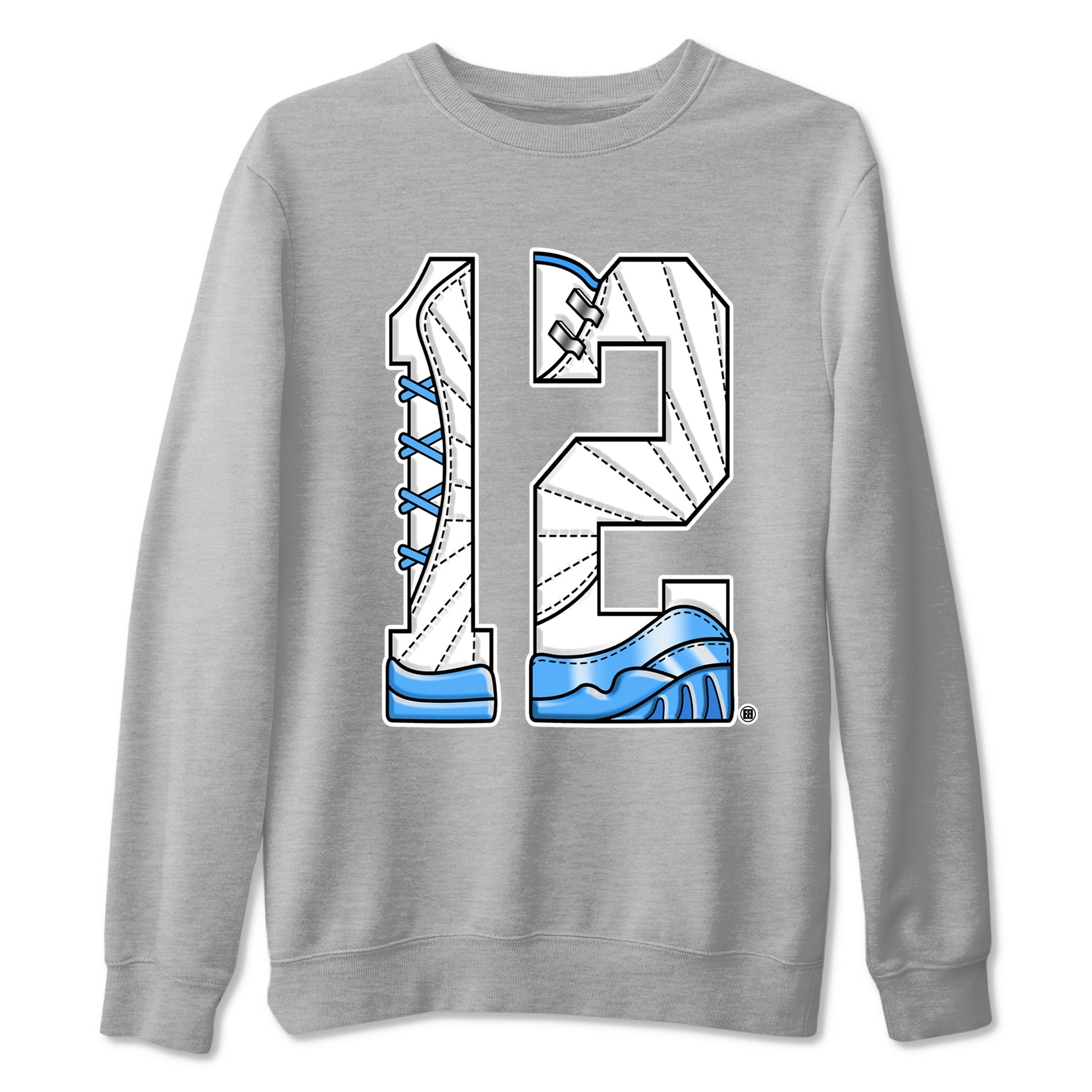 Number 12 sneaker match t-shirt styled to complete your fit with the Air Jordan 12 White and University Blue sneakers, shown in Heather Grey 2.