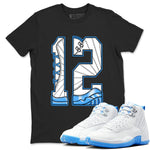 Number 12 sneaker match t-shirt styled to complete your fit with the Air Jordan 12 White and University Blue sneakers, shown in Black 1.