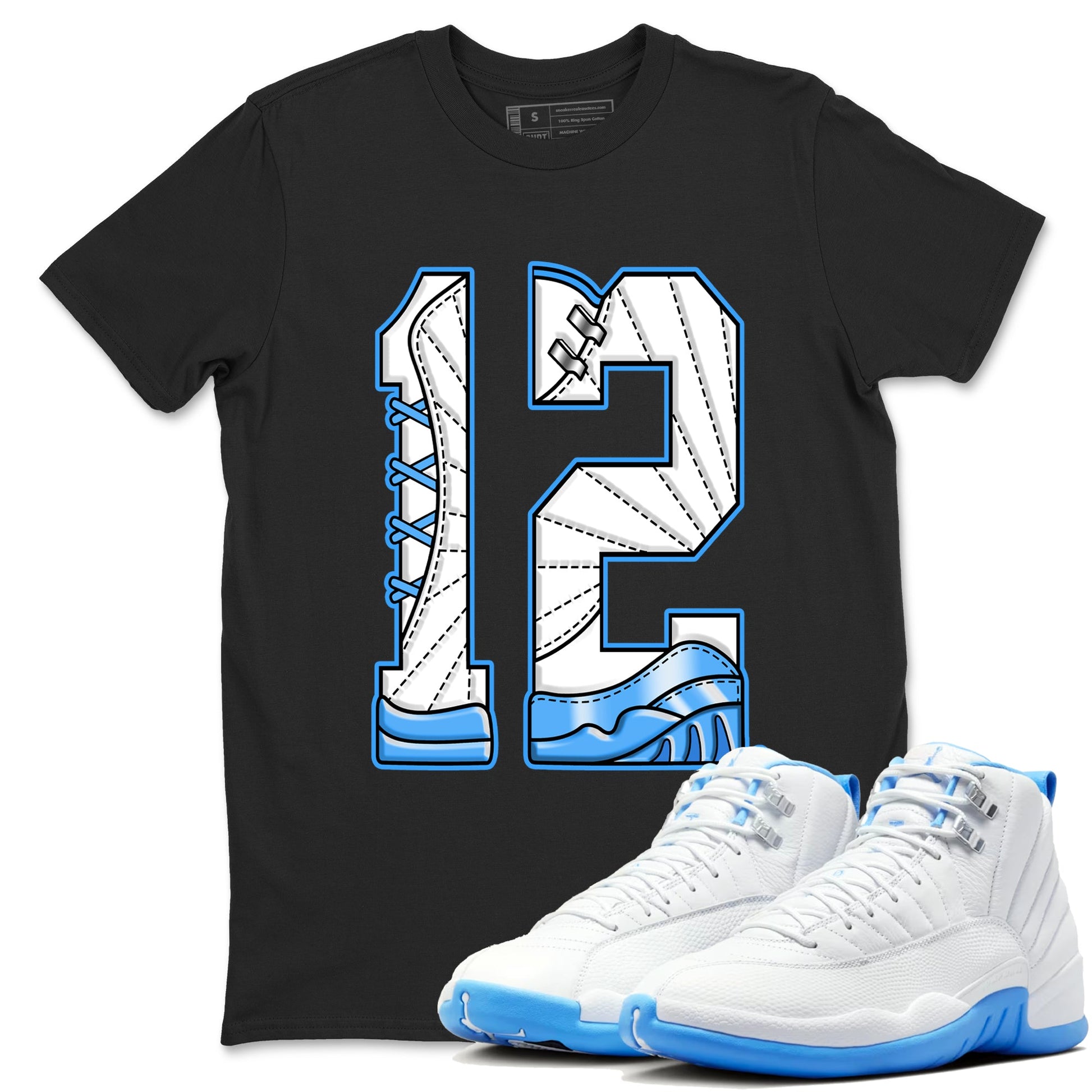Number 12 sneaker match t-shirt styled to complete your fit with the Air Jordan 12 White and University Blue sneakers, shown in Black 1.