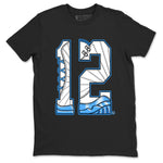 Number 12 sneaker match t-shirt styled to complete your fit with the Air Jordan 12 White and University Blue sneakers, shown in Black 2.