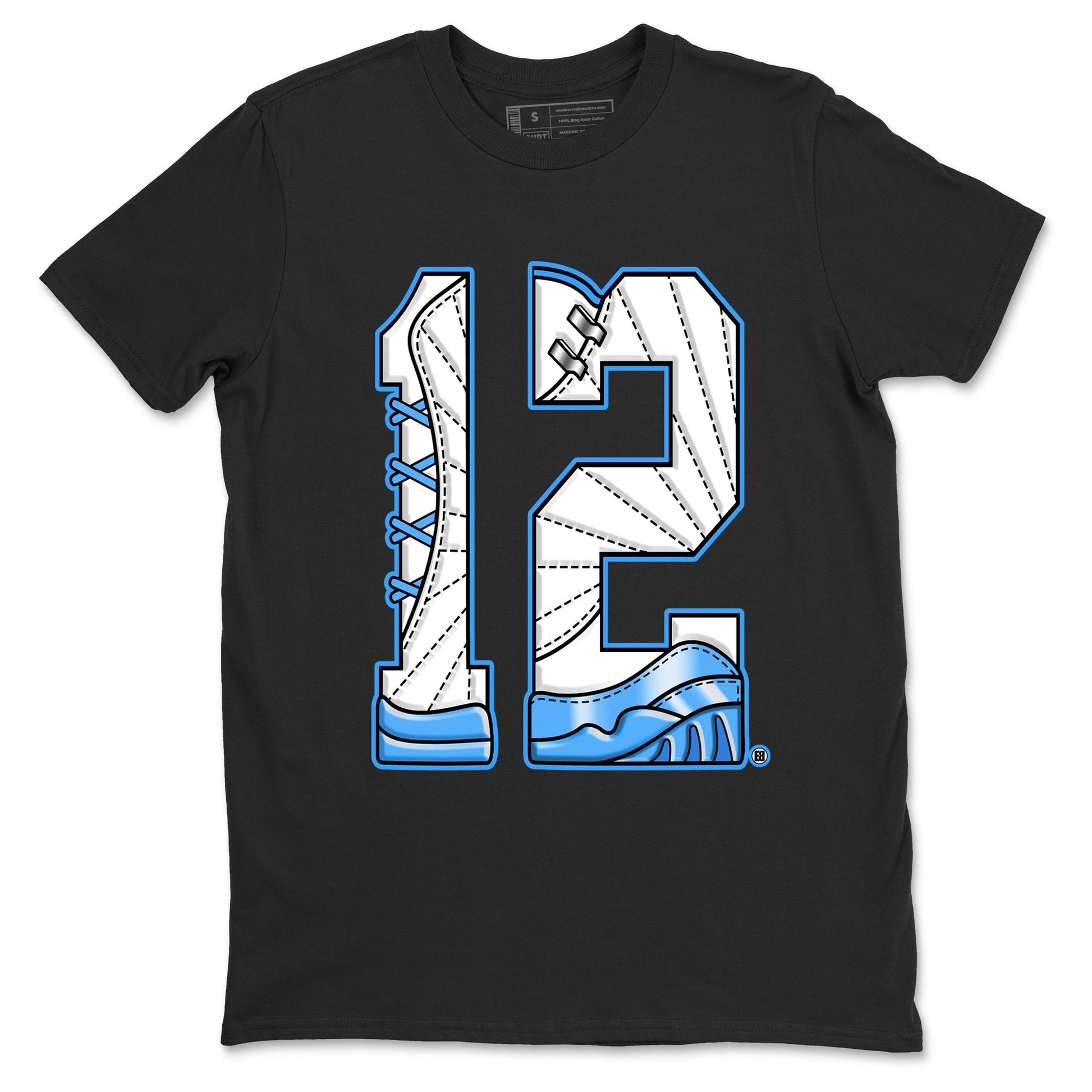 Number 12 sneaker match t-shirt styled to complete your fit with the Air Jordan 12 White and University Blue sneakers, shown in Black 2.