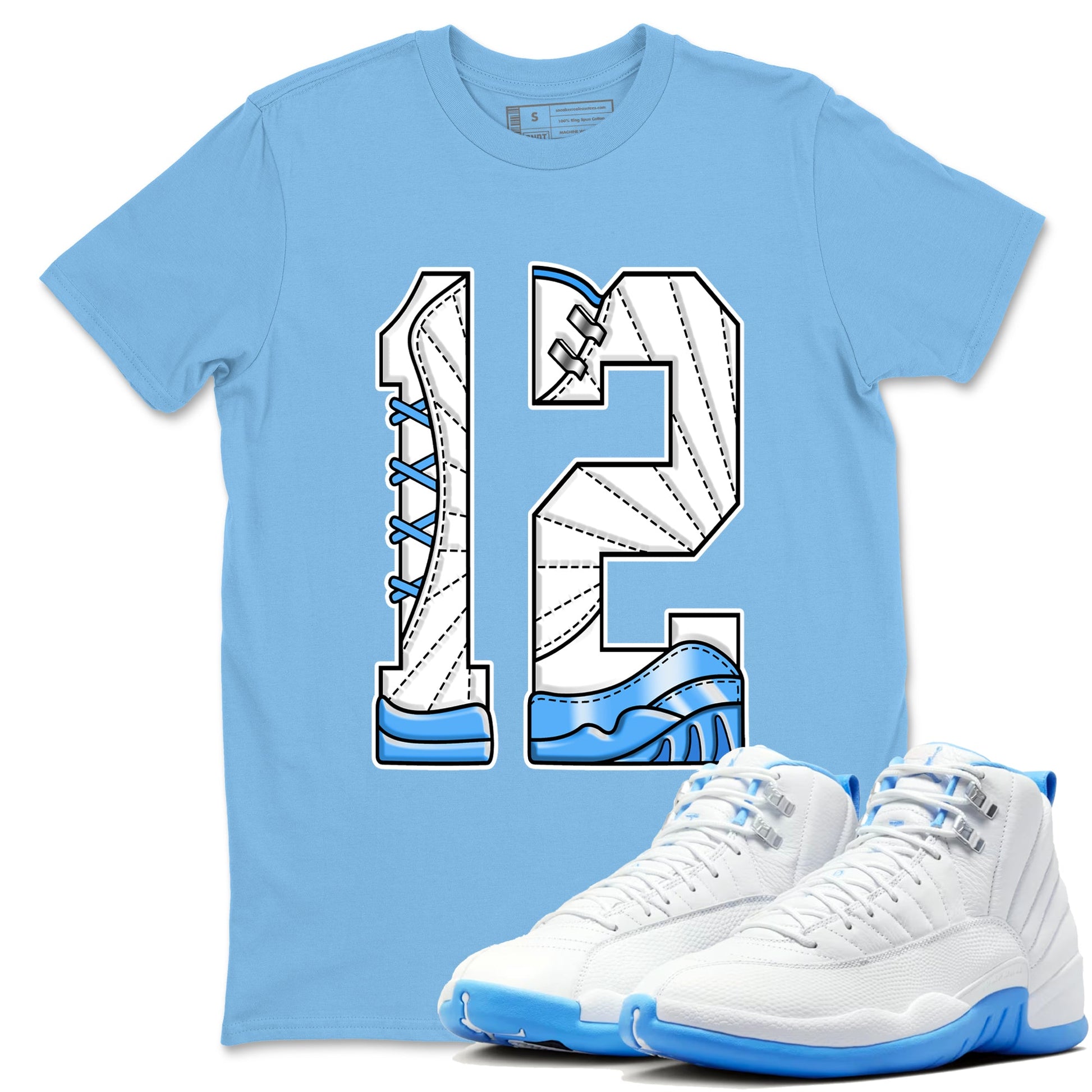 Number 12 sneaker match t-shirt styled to complete your fit with the Air Jordan 12 White and University Blue sneakers, shown in Carolina Blue 1.