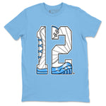 Number 12 sneaker match t-shirt styled to complete your fit with the Air Jordan 12 White and University Blue sneakers, shown in Carolina Blue 2.