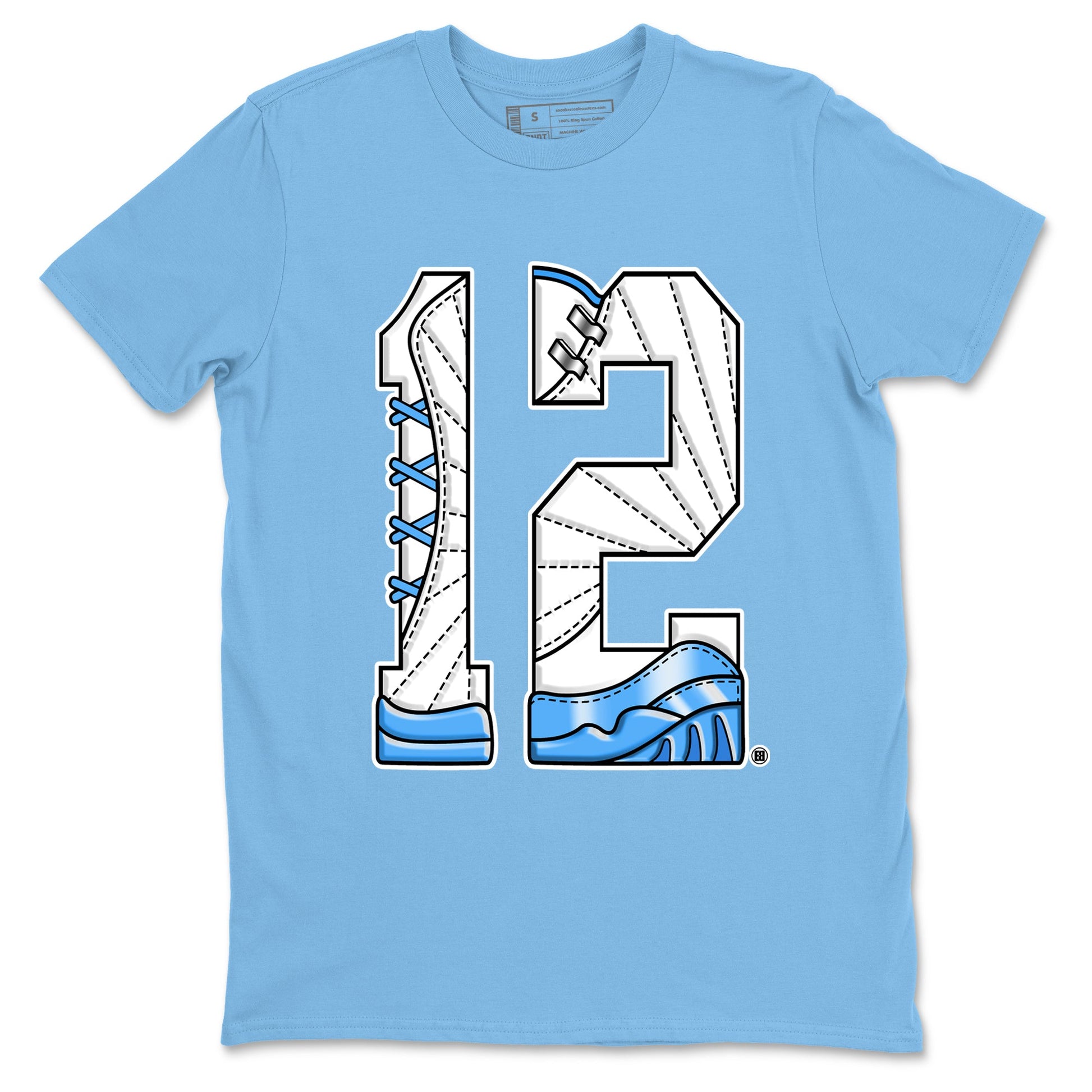 Number 12 sneaker match t-shirt styled to complete your fit with the Air Jordan 12 White and University Blue sneakers, shown in Carolina Blue 2.