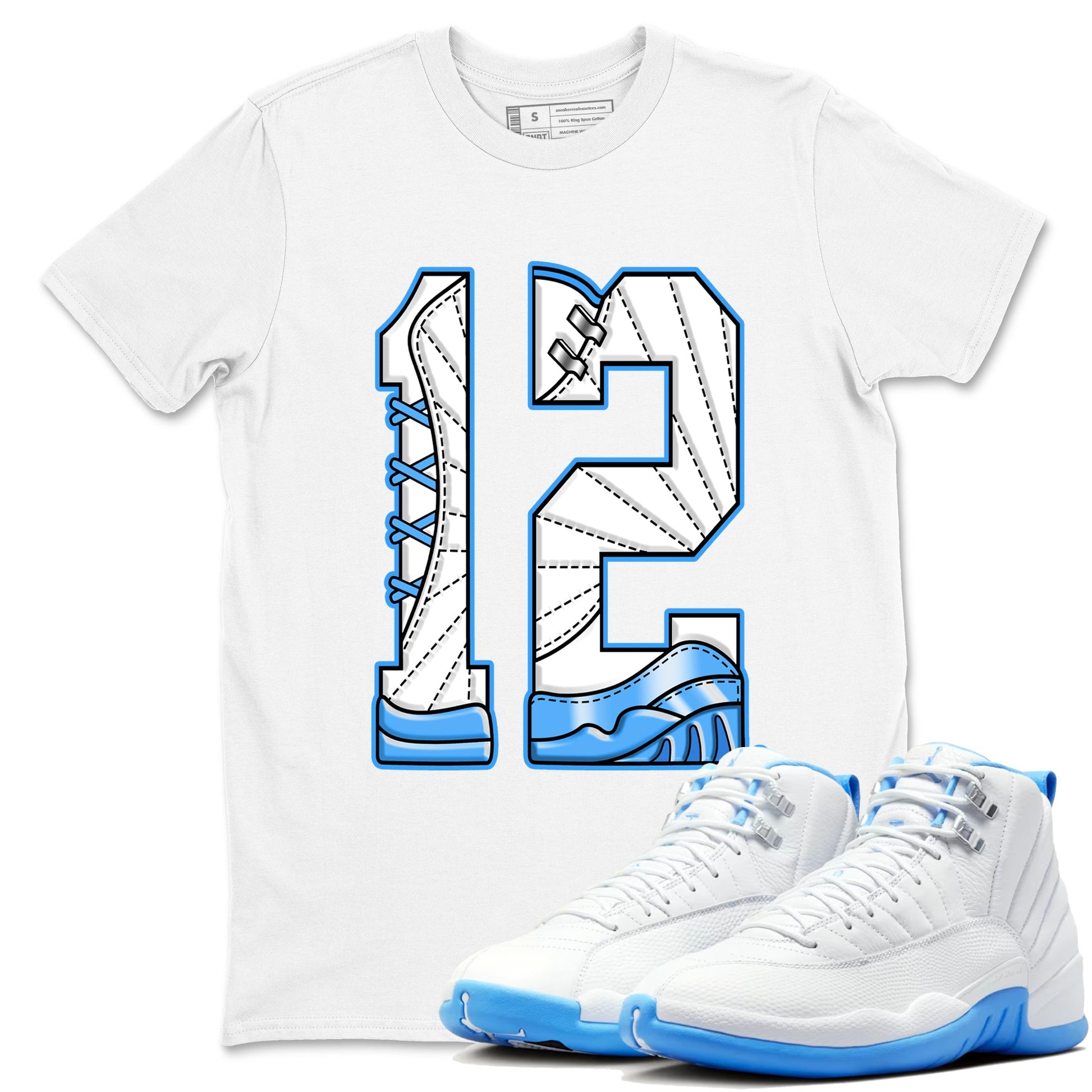 Number 12 sneaker match t-shirt styled to complete your fit with the Air Jordan 12 White and University Blue sneakers, shown in White 1.