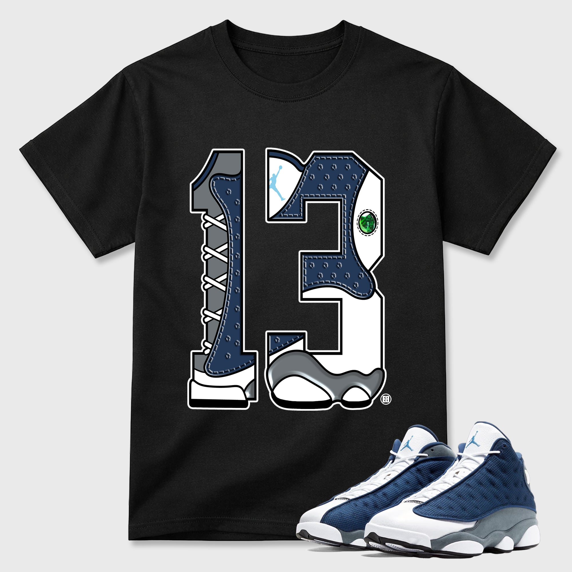 Number 13 Graphic T-Shirt featuring original streetwear artwork designed to match the Air Jordan 13 Flint. Black 1 Graphic T-Shirt.