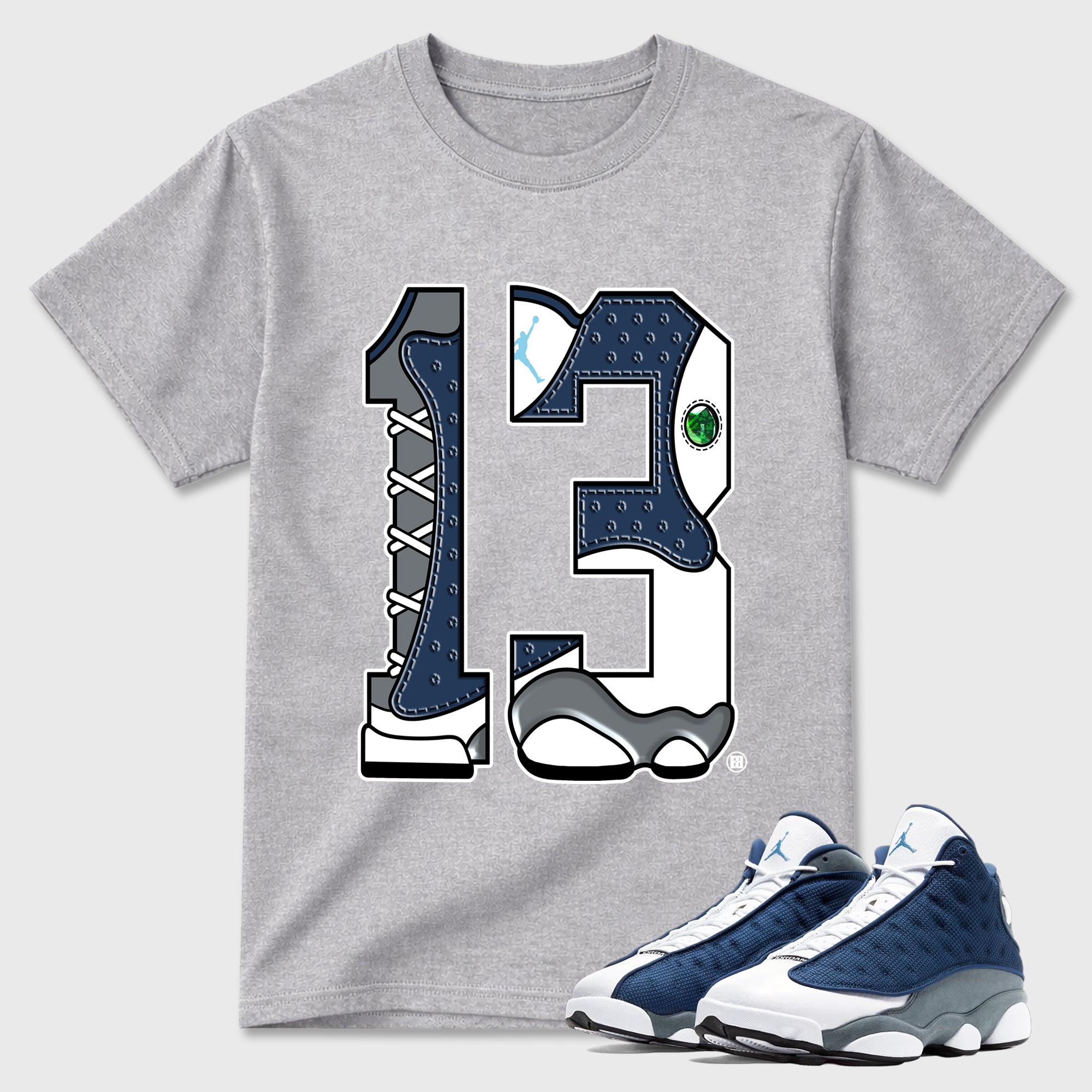 Number 13 Graphic T-Shirt featuring original streetwear artwork designed to match the Air Jordan 13 Flint. Heather Grey 1 Graphic T-Shirt.