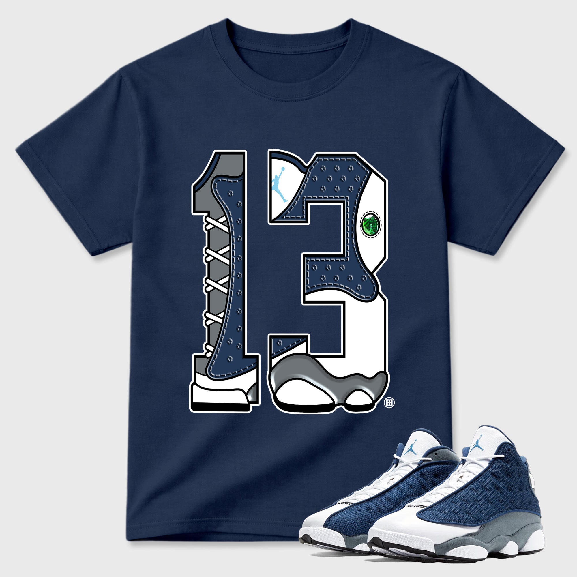 Number 13 Graphic T-Shirt featuring original streetwear artwork designed to match the Air Jordan 13 Flint. Navy 1 Graphic T-Shirt.