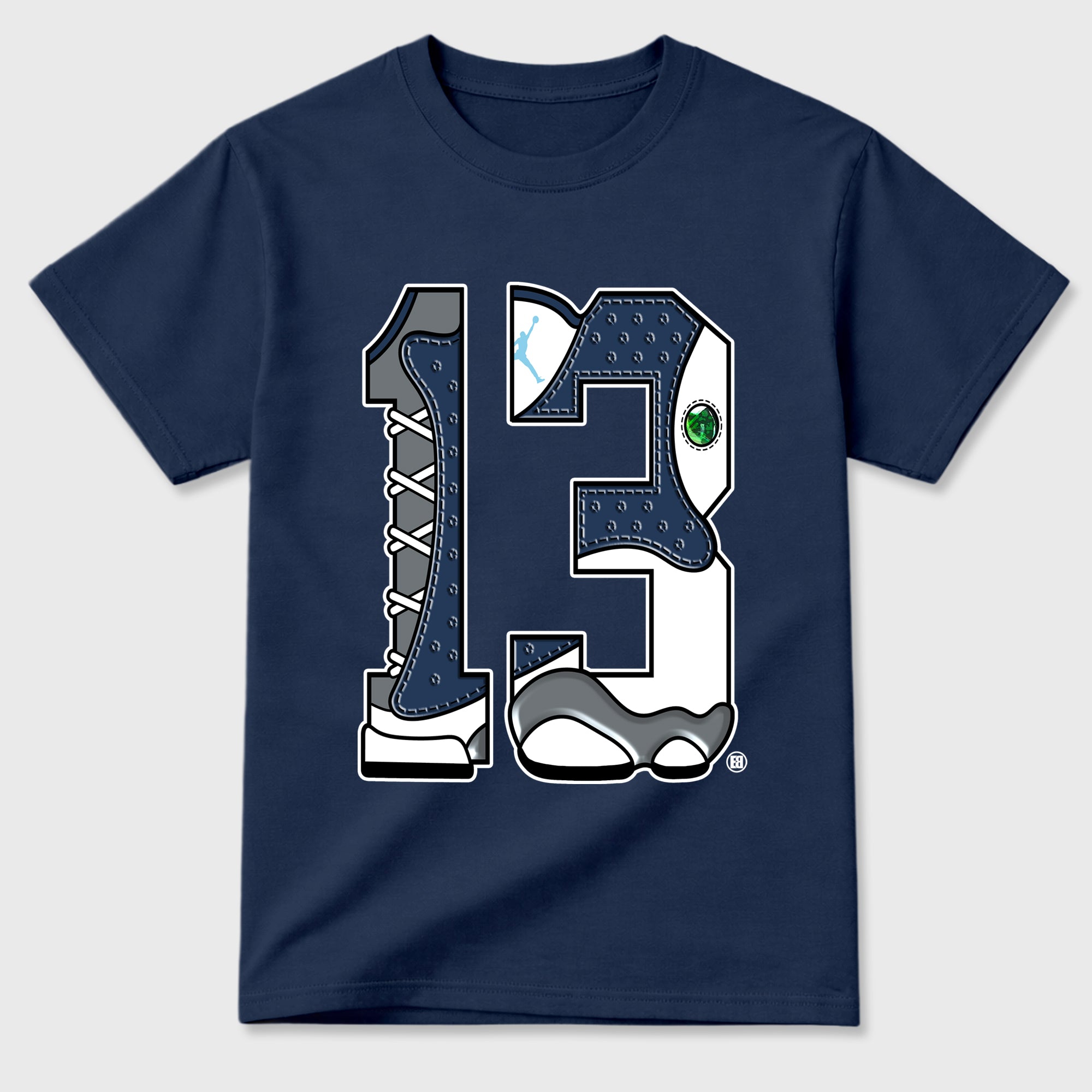 Number 13 Graphic T-Shirt featuring original streetwear artwork designed to match the Air Jordan 13 Flint. Navy 2 Graphic T-Shirt.