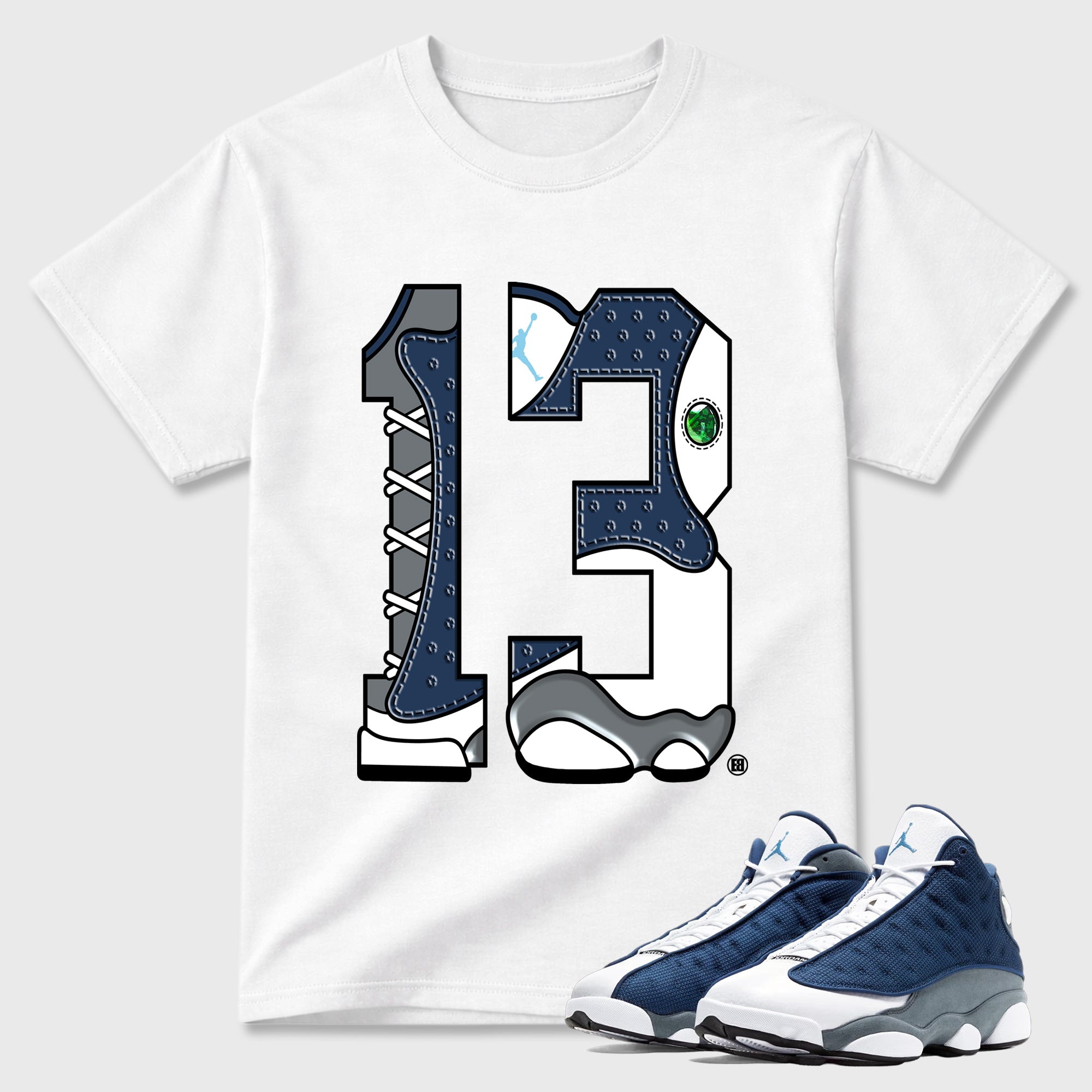 Number 13 Graphic T-Shirt featuring original streetwear artwork designed to match the Air Jordan 13 Flint. White 1 Graphic T-Shirt.