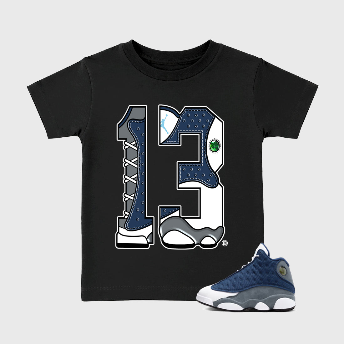 Number 13 Baby & Kids Graphic T-Shirt featuring original artwork designed to match the Air Jordan 13 Flint. Black 1 Kids Graphic Tee.