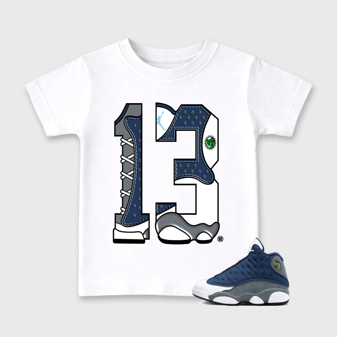 Number 13 Baby & Kids Graphic T-Shirt featuring original artwork designed to match the Air Jordan 13 Flint. White 1 Kids Graphic Tee.