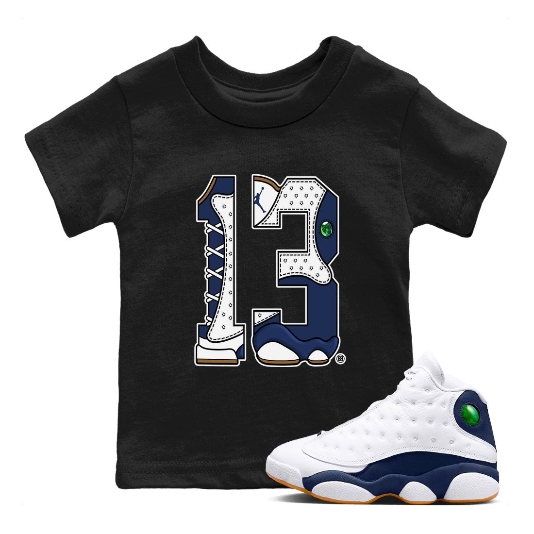 13s Midnight Navy shirts to match jordans Number 13 sneaker match tees Air Jordan 13 Midnight Navy SNRT Sneaker Release Tees Youth Baby Black 1 crew neck shirts