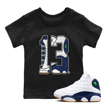 13s Midnight Navy shirts to match jordans Number 13 sneaker match tees Air Jordan 13 Midnight Navy SNRT Sneaker Release Tees Youth Baby Black 1 crew neck shirts