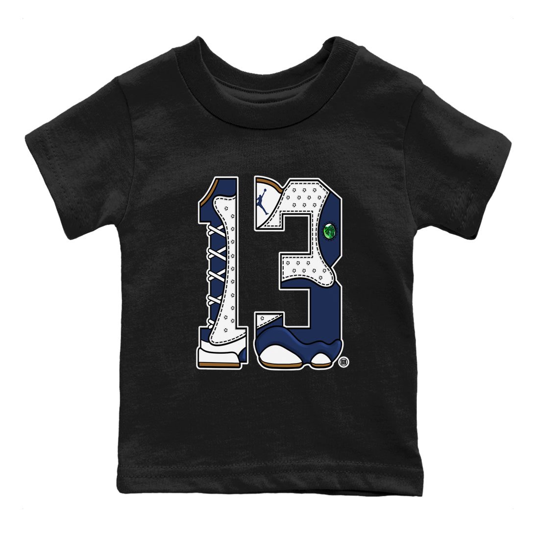 13s Midnight Navy shirts to match jordans Number 13 sneaker match tees Air Jordan 13 Midnight Navy SNRT Sneaker Release Tees Youth Baby Black 2 crew neck shirts