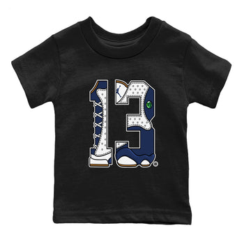13s Midnight Navy shirts to match jordans Number 13 sneaker match tees Air Jordan 13 Midnight Navy SNRT Sneaker Release Tees Youth Baby Black 2 crew neck shirts