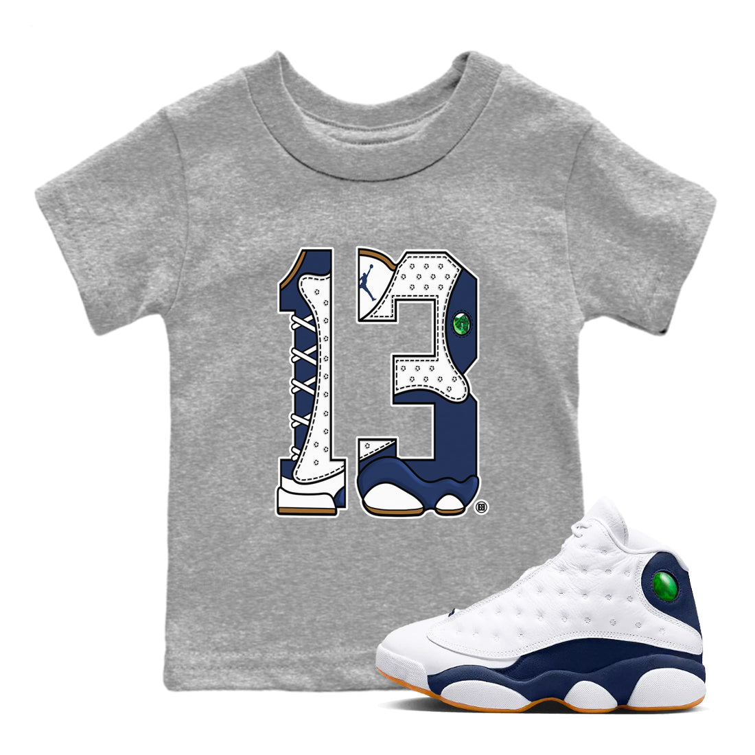 13s Midnight Navy shirts to match jordans Number 13 sneaker match tees Air Jordan 13 Midnight Navy SNRT Sneaker Release Tees Youth Baby Heather Grey 1 crew neck shirts