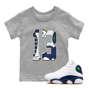 13s Midnight Navy shirts to match jordans Number 13 sneaker match tees Air Jordan 13 Midnight Navy SNRT Sneaker Release Tees Youth Baby Heather Grey 1 crew neck shirts