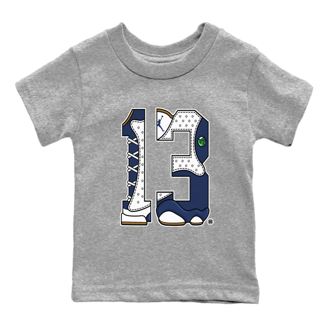 13s Midnight Navy shirts to match jordans Number 13 sneaker match tees Air Jordan 13 Midnight Navy SNRT Sneaker Release Tees Youth Baby Heather Grey 2 crew neck shirts