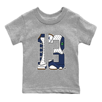 13s Midnight Navy shirts to match jordans Number 13 sneaker match tees Air Jordan 13 Midnight Navy SNRT Sneaker Release Tees Youth Baby Heather Grey 2 crew neck shirts