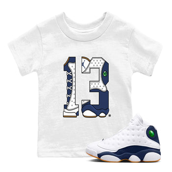 13s Midnight Navy shirts to match jordans Number 13 sneaker match tees Air Jordan 13 Midnight Navy SNRT Sneaker Release Tees Youth Baby White 1 crew neck shirts