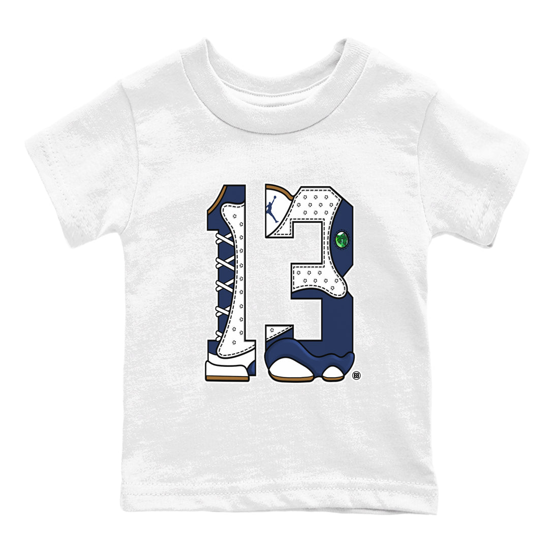 13s Midnight Navy shirts to match jordans Number 13 sneaker match tees Air Jordan 13 Midnight Navy SNRT Sneaker Release Tees Youth Baby White 2 crew neck shirts