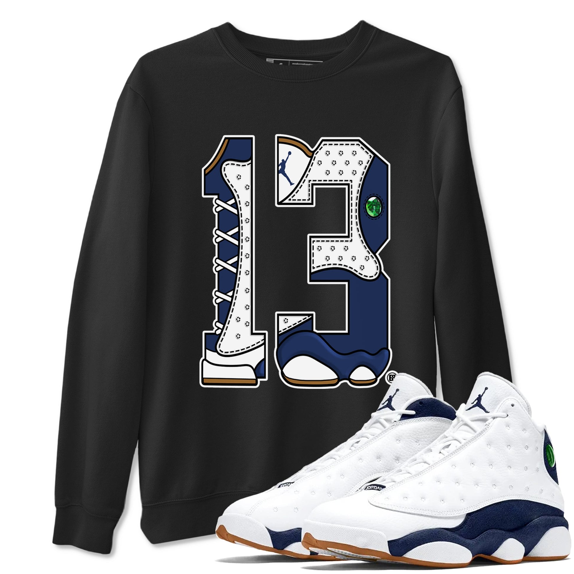 13s Midnight Navy shirts to match jordans Number 13 sneaker match tees Air Jordan 13 Midnight Navy SNRT Sneaker Release Tees unisex cotton Black 1 crew neck shirts