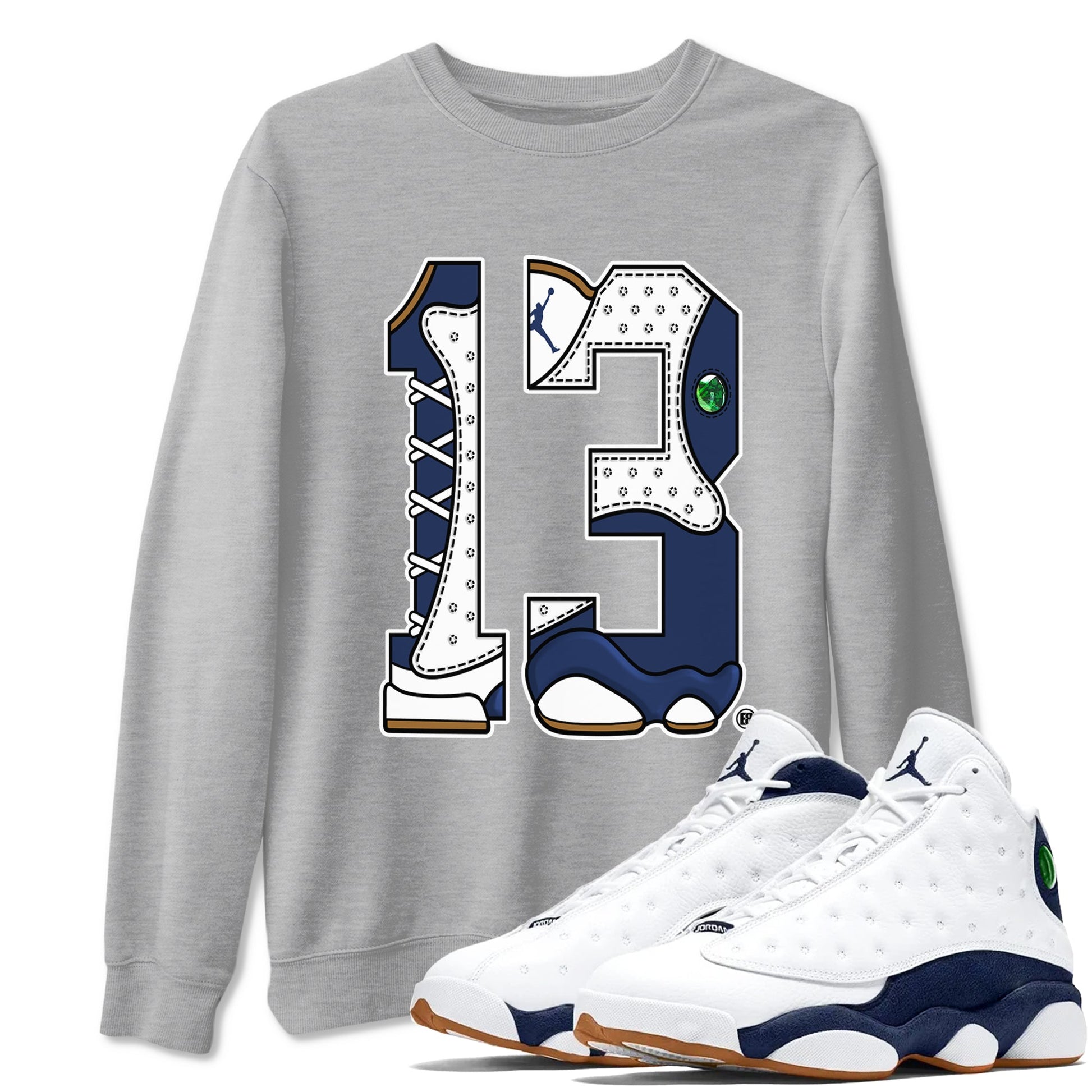 13s Midnight Navy shirts to match jordans Number 13 sneaker match tees Air Jordan 13 Midnight Navy SNRT Sneaker Release Tees unisex cotton Heather Grey 1 crew neck shirts