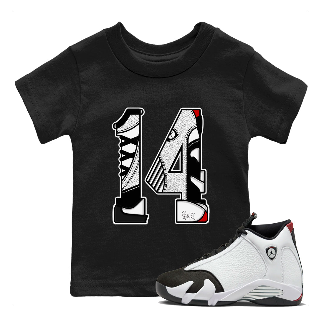 14s Black Toe t shirts to match sneakers Number 14 sneaker match tees Air Jordan 14 Black Toe shirt SNRT Sneaker Tees Youth Baby Black 1 tee