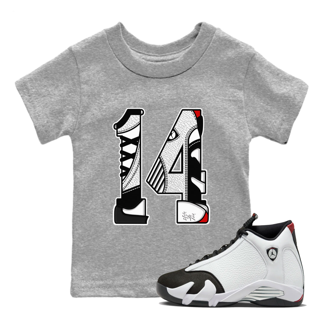 14s Black Toe t shirts to match sneakers Number 14 sneaker match tees Air Jordan 14 Black Toe shirt SNRT Sneaker Tees Youth Baby Heather Grey 1 tee