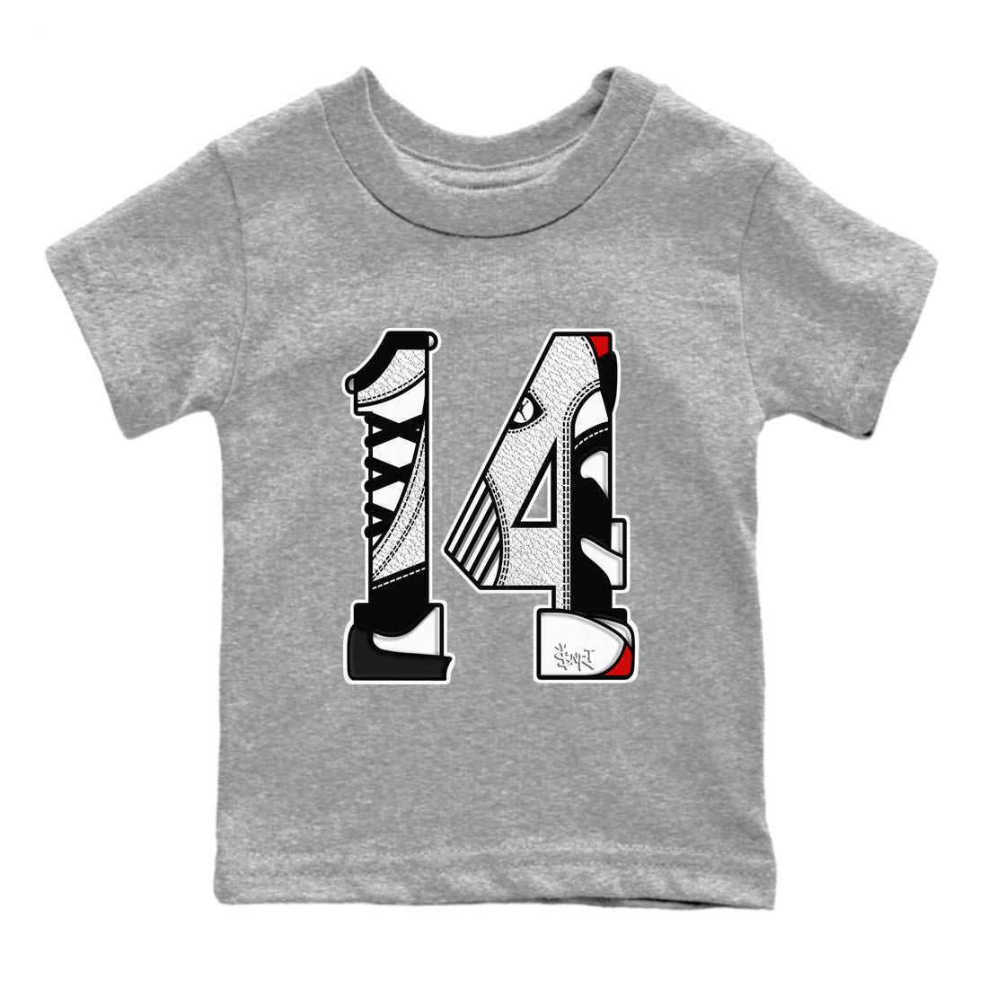 14s Black Toe t shirts to match sneakers Number 14 sneaker match tees Air Jordan 14 Black Toe shirt SNRT Sneaker Tees Youth Baby Heather Grey 2 tee