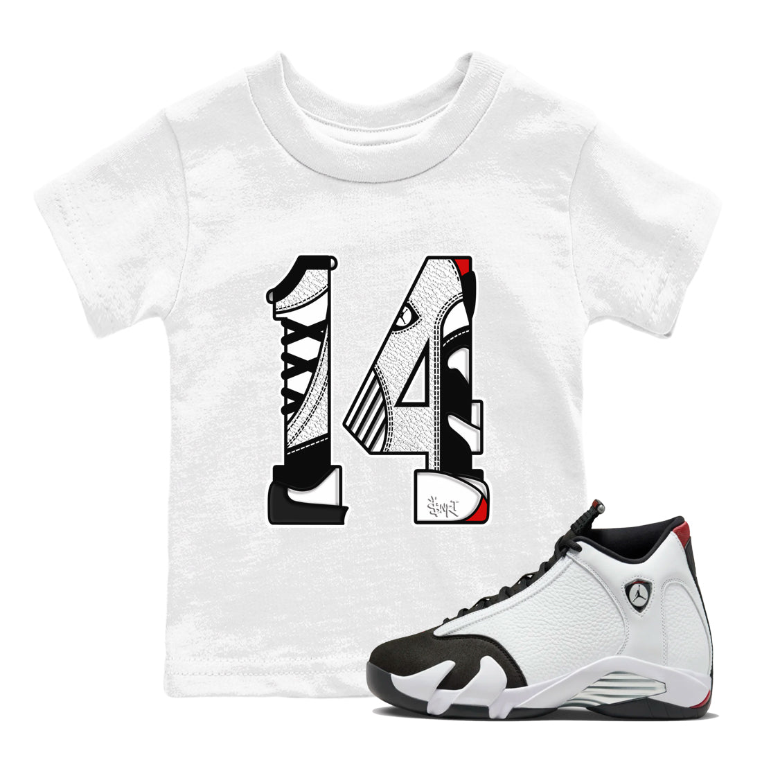 14s Black Toe t shirts to match sneakers Number 14 sneaker match tees Air Jordan 14 Black Toe shirt SNRT Sneaker Tees Youth Baby White 1 tee