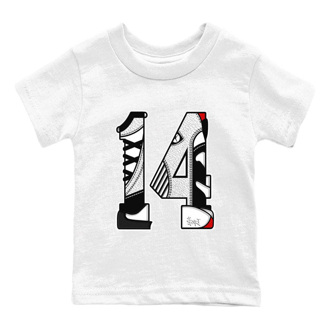 14s Black Toe t shirts to match sneakers Number 14 sneaker match tees Air Jordan 14 Black Toe shirt SNRT Sneaker Tees Youth Baby White 2 tee